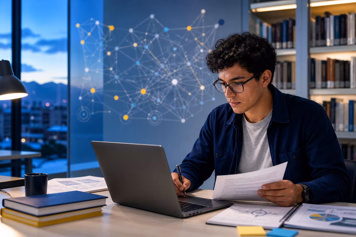 Investigador analizando información con apoyo de conexiones digitales en una biblioteca