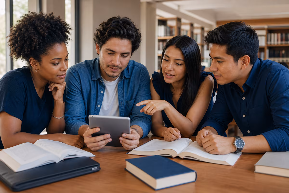Cuatro jóvenes ecuatorianos diversos colaborando con una tablet y libros en una biblioteca