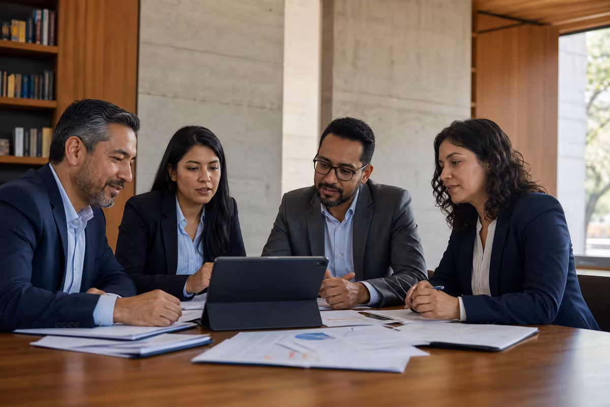 Profesionales de distintas instituciones colaborando alrededor de una mesa de trabajo
