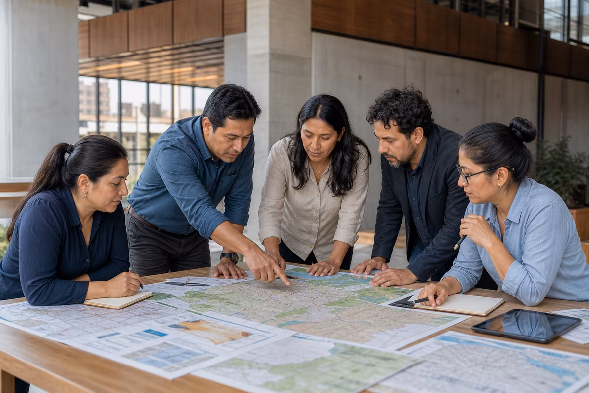 Equipo municipal diverso construyendo acuerdos con mapas y documentos de trabajo