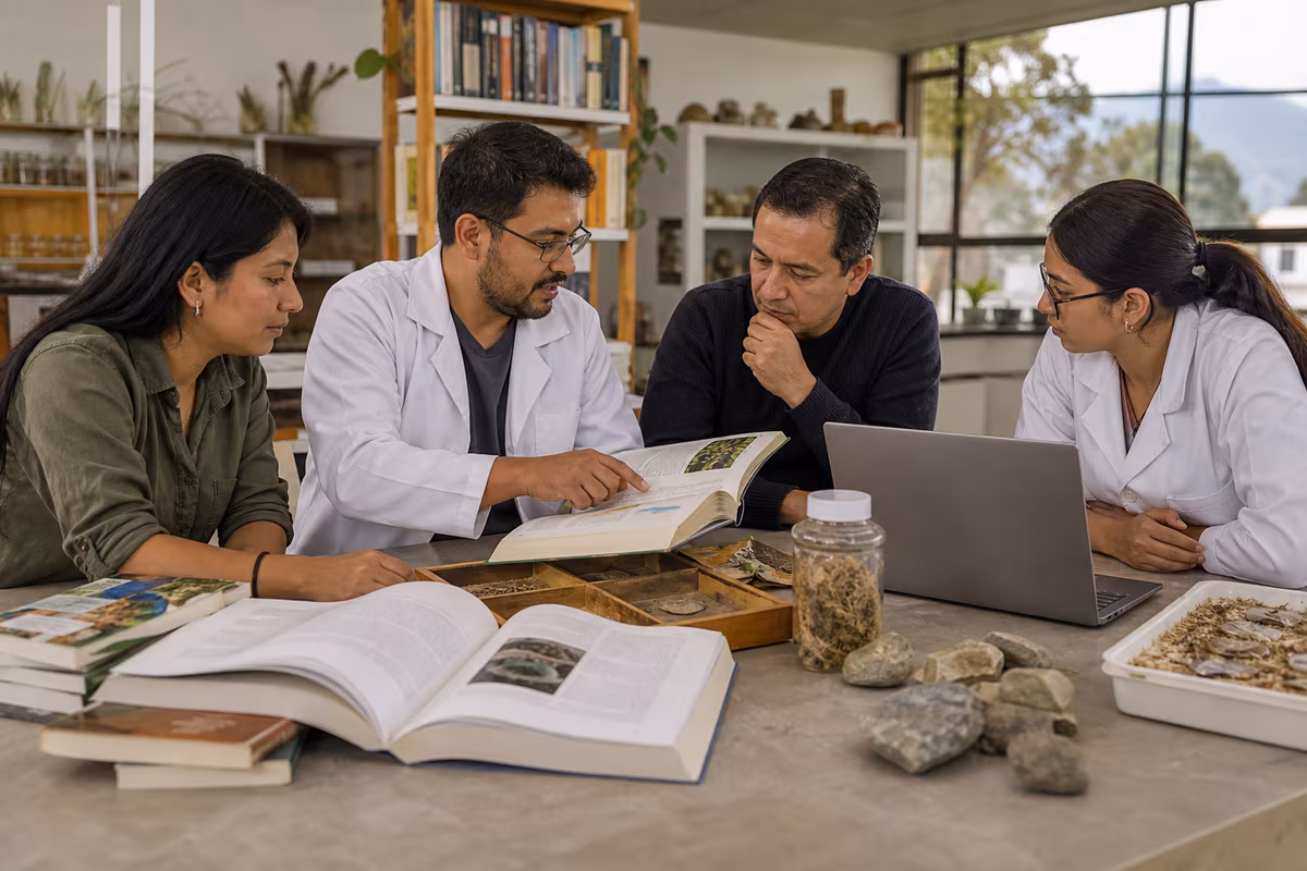 Equipo universitario diverso investigando con libros, materiales y herramientas digitales